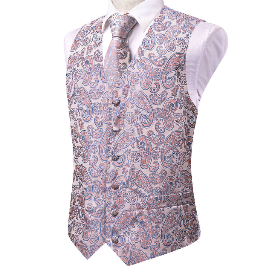 Pink Orange SkyBlue Paisley Jacquard Silk Vest Set vest set    - Sophisticated Gentlemen