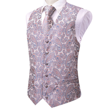 Pink Orange SkyBlue Paisley Jacquard Silk Vest Set vest set    - Sophisticated Gentlemen