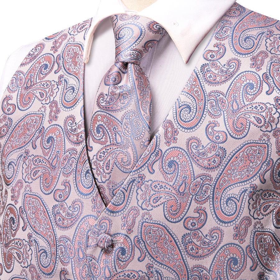 Pink Orange SkyBlue Paisley Jacquard Silk Vest Set vest set    - Sophisticated Gentlemen