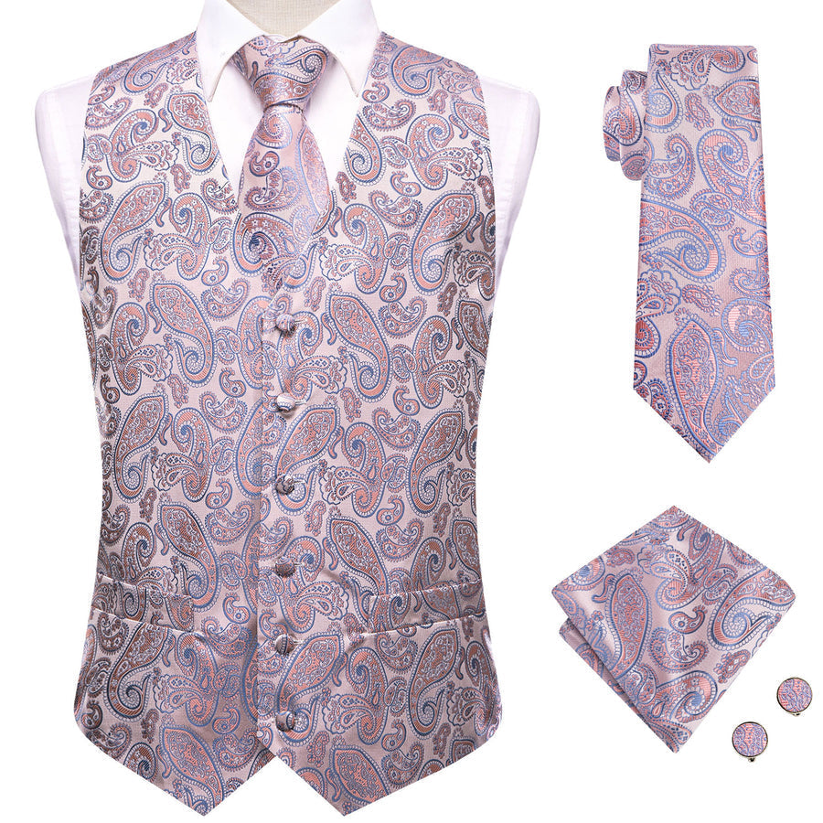 Pink Orange SkyBlue Paisley Jacquard Silk Vest Set vest set    - Sophisticated Gentlemen