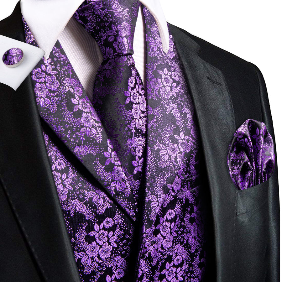Black Purple Paisley Jacquard Silk Vest Set vest set    - Sophisticated Gentlemen