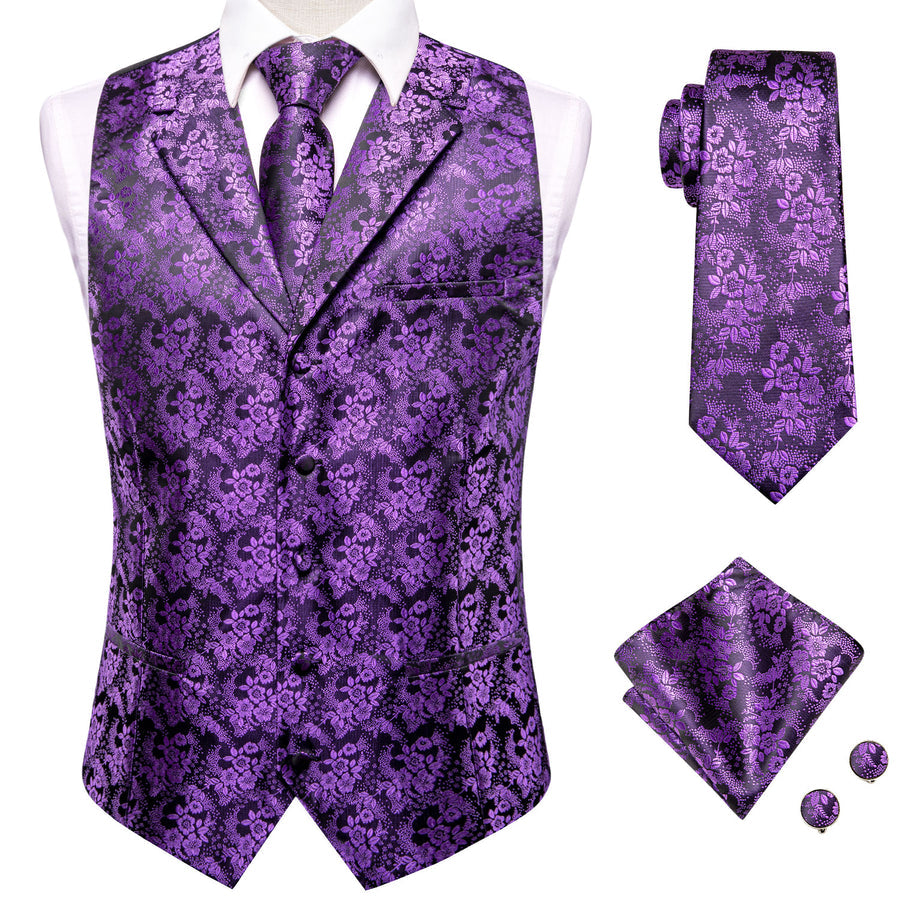 Black Purple Paisley Jacquard Silk Vest Set vest set S (Chest 40")   - Sophisticated Gentlemen
