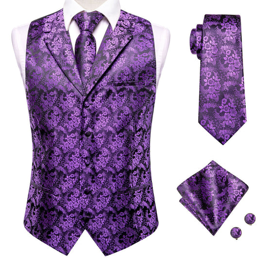 Black Purple Paisley Jacquard Silk Vest Set vest set S (Chest 40")   - Sophisticated Gentlemen