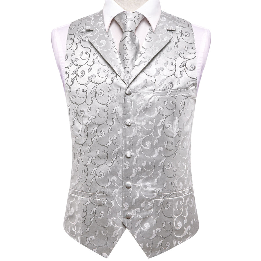Silver Light Grey Floral Jacquard Silk Vest Set vest set    - Sophisticated Gentlemen