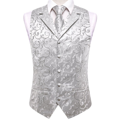 Silver Light Grey Floral Jacquard Silk Vest Set vest set    - Sophisticated Gentlemen