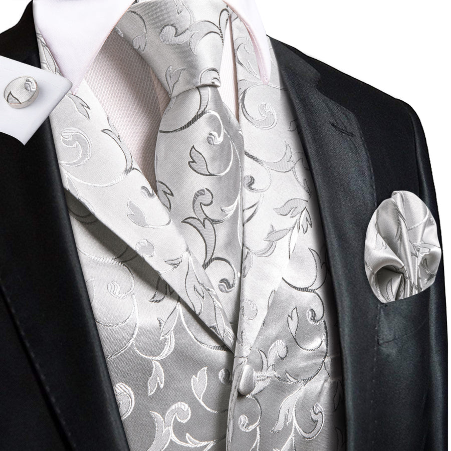 Silver Light Grey Floral Jacquard Silk Vest Set vest set S (Chest 40")   - Sophisticated Gentlemen