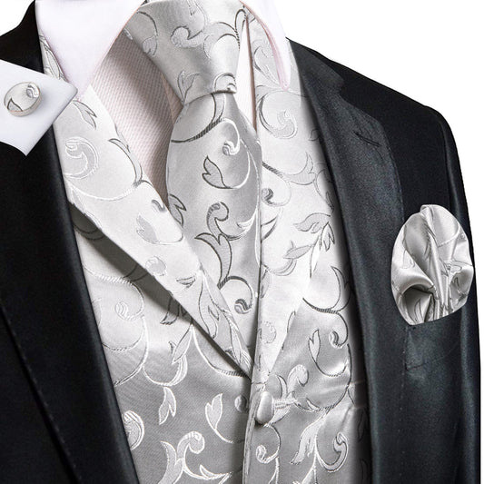 Silver Light Grey Floral Jacquard Silk Vest Set vest set S (Chest 40")   - Sophisticated Gentlemen