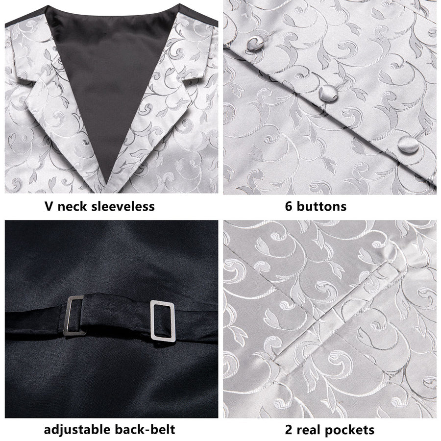 Silver Light Grey Floral Jacquard Silk Vest Set vest set    - Sophisticated Gentlemen