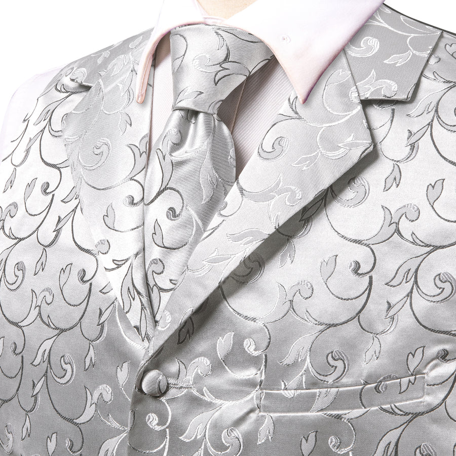 Silver Light Grey Floral Jacquard Silk Vest Set vest set    - Sophisticated Gentlemen