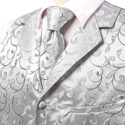 Silver Light Grey Floral Jacquard Silk Vest Set vest set    - Sophisticated Gentlemen