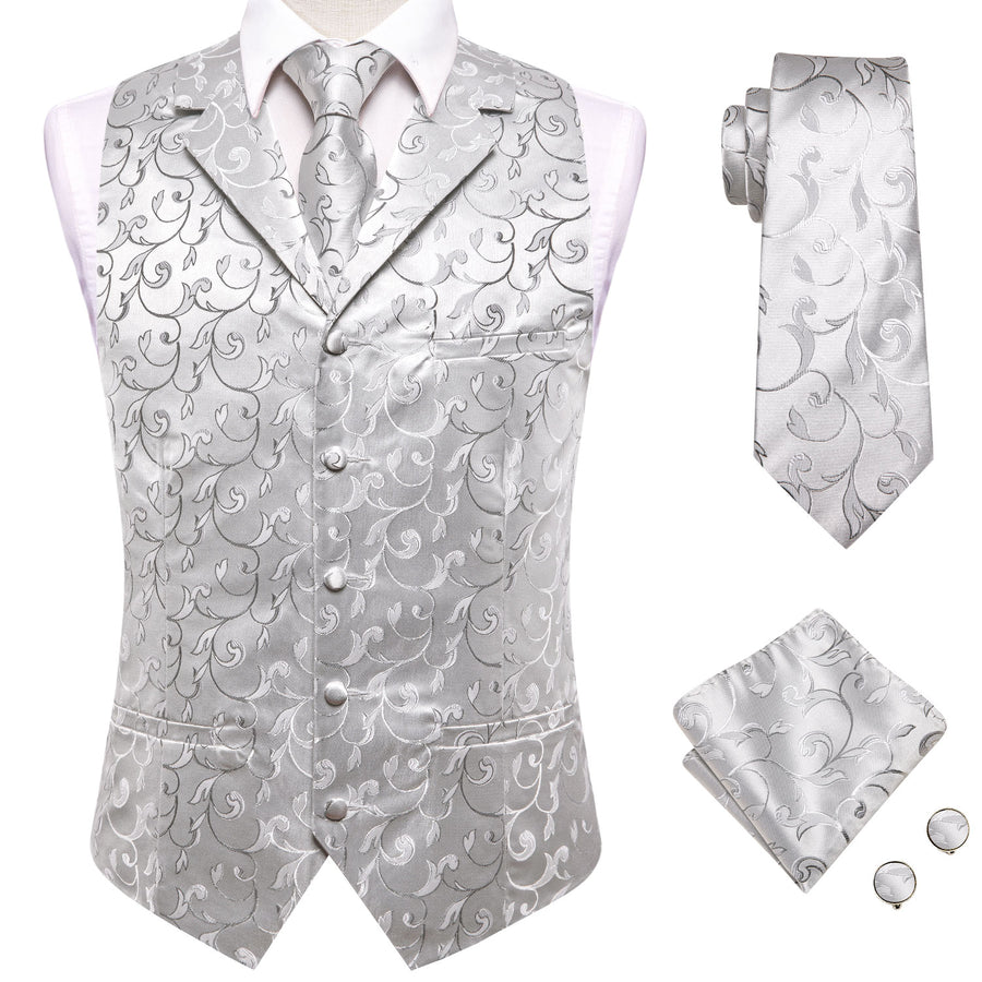 Silver Light Grey Floral Jacquard Silk Vest Set vest set    - Sophisticated Gentlemen
