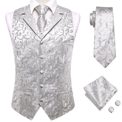 Silver Light Grey Floral Jacquard Silk Vest Set vest set    - Sophisticated Gentlemen