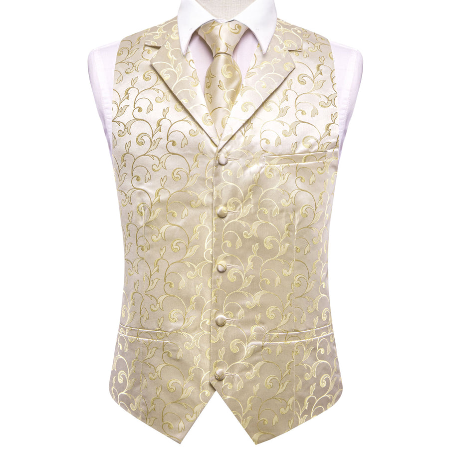Champagne Floral Jacquard Silk Vest Set vest set    - Sophisticated Gentlemen
