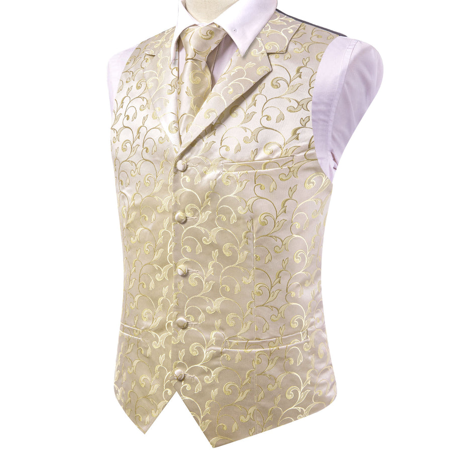Champagne Floral Jacquard Silk Vest Set vest set    - Sophisticated Gentlemen
