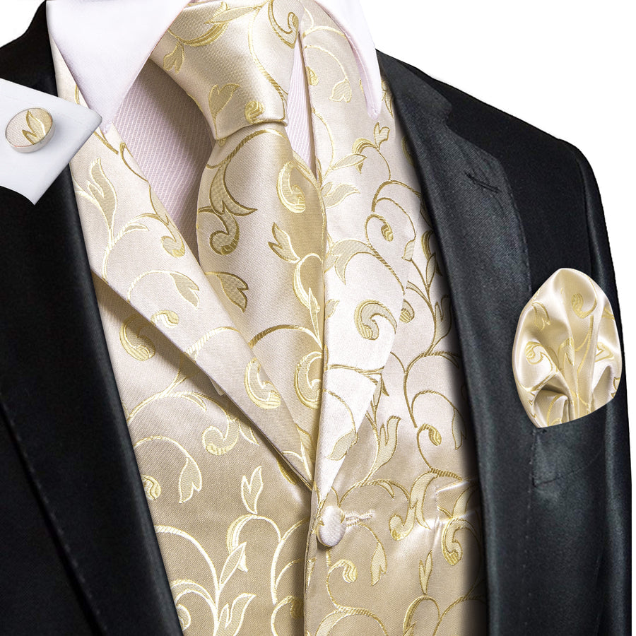 Champagne Floral Jacquard Silk Vest Set vest set S (Chest 40")   - Sophisticated Gentlemen