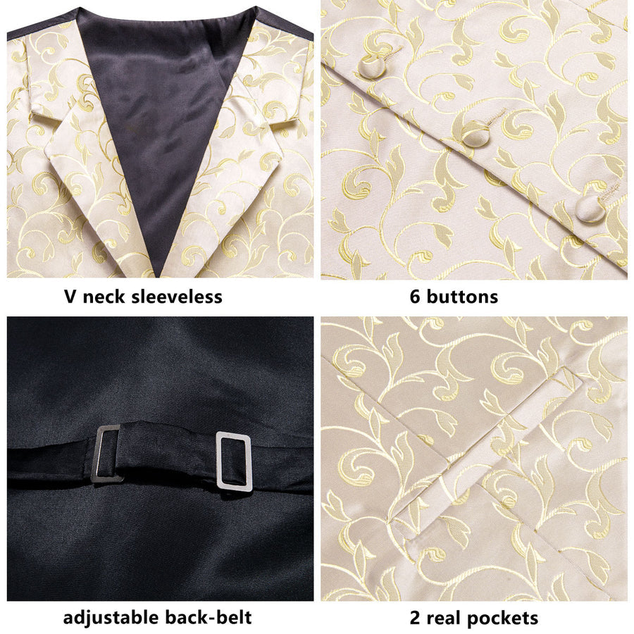 Champagne Floral Jacquard Silk Vest Set vest set    - Sophisticated Gentlemen