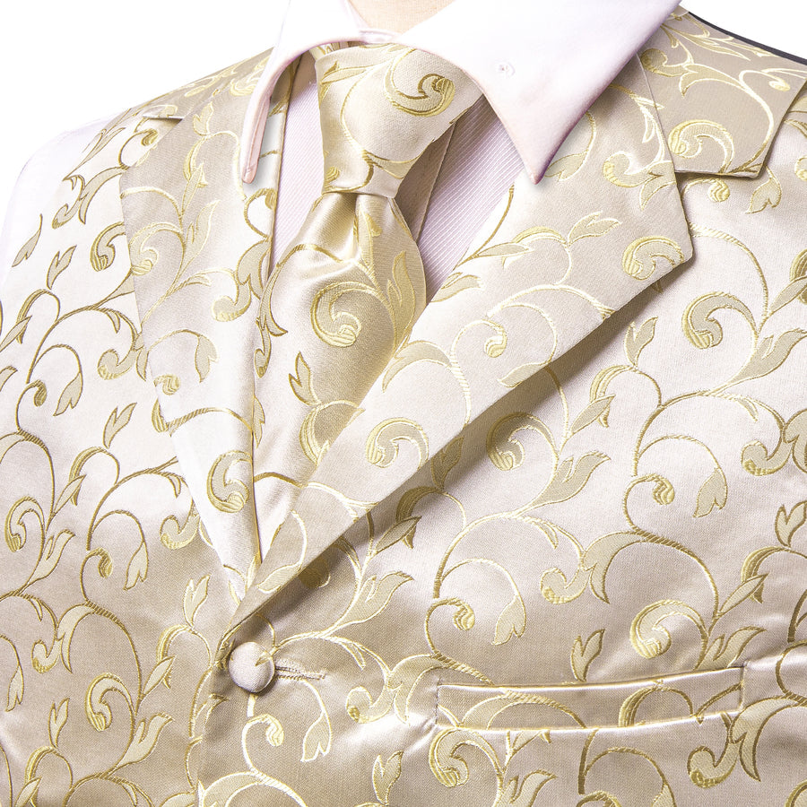 Champagne Floral Jacquard Silk Vest Set vest set    - Sophisticated Gentlemen
