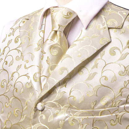 Champagne Floral Jacquard Silk Vest Set vest set    - Sophisticated Gentlemen