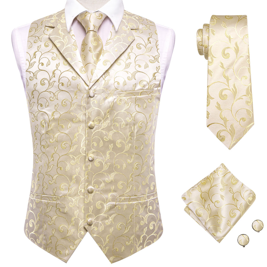 Champagne Floral Jacquard Silk Vest Set vest set    - Sophisticated Gentlemen