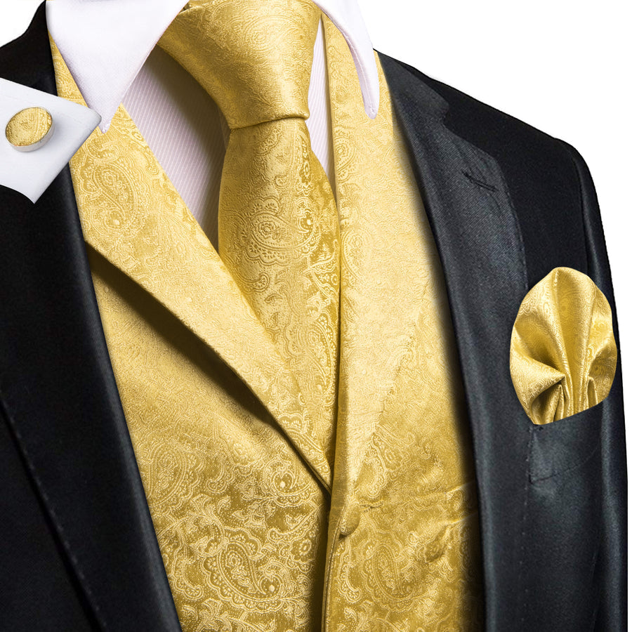 Yellow Paisley Jacquard Silk Vest Set vest set S (Chest 40")   - Sophisticated Gentlemen
