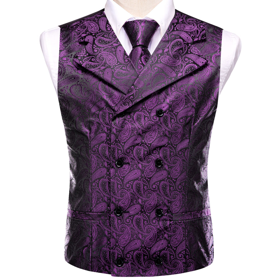 Purple Black Paisley Jacquard Silk Men's Vest Set vest set    - Sophisticated Gentlemen