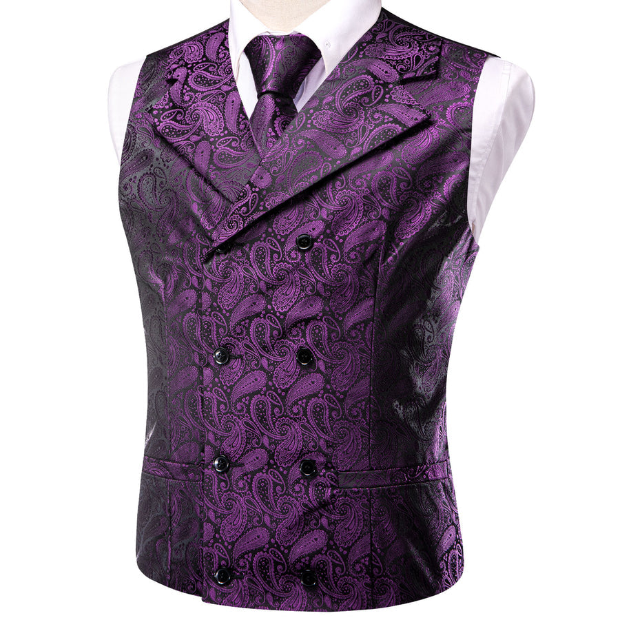 Purple Black Paisley Jacquard Silk Men's Vest Set vest set    - Sophisticated Gentlemen