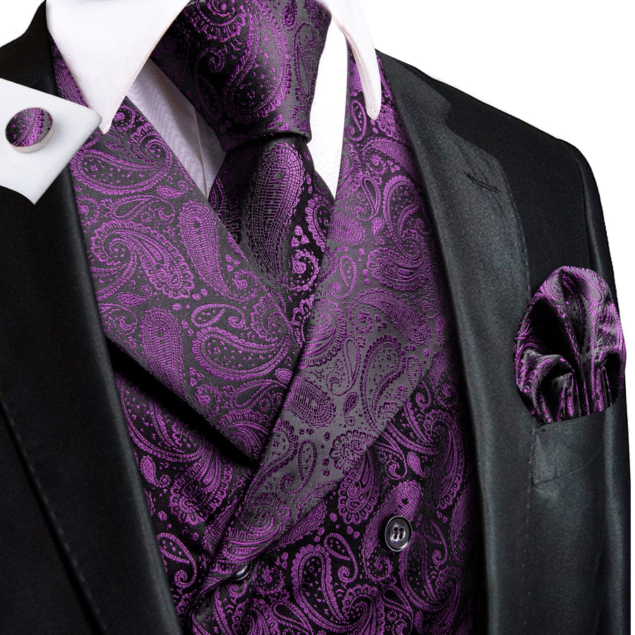 Purple Black Paisley Jacquard Silk Men's Vest Set vest set S (Chest 40")   - Sophisticated Gentlemen