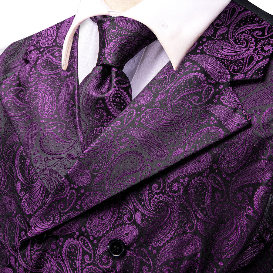 Purple Black Paisley Jacquard Silk Men's Vest Set vest set    - Sophisticated Gentlemen