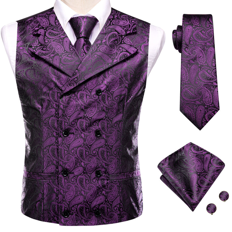 Purple Black Paisley Jacquard Silk Men's Vest Set vest set    - Sophisticated Gentlemen