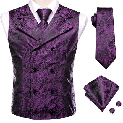 Purple Black Paisley Jacquard Silk Men's Vest Set vest set    - Sophisticated Gentlemen