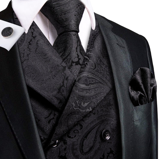 Black Paisley Jacquard Vest Set Vest set S (Chest 40)   - Sophisticated Gentlemen