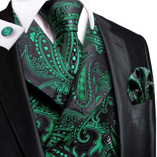 Green Paisley Jacquard Silk Men's Vest Set vest set S (Chest 40")   - Sophisticated Gentlemen