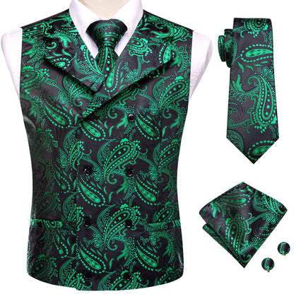 Green Paisley Jacquard Silk Men's Vest Set vest set    - Sophisticated Gentlemen