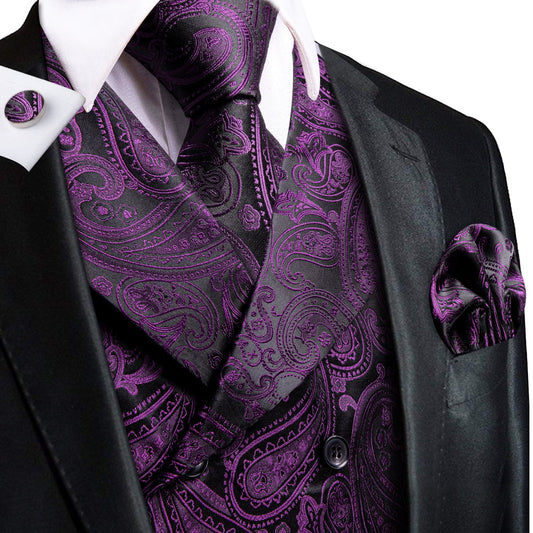 Purple and Black Paisley Jacquard Vest Set Vest set S (Chest 40)   - Sophisticated Gentlemen