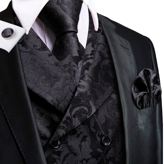 Black Floral Jacquard Vest Set Vest set S (Chest 40)   - Sophisticated Gentlemen