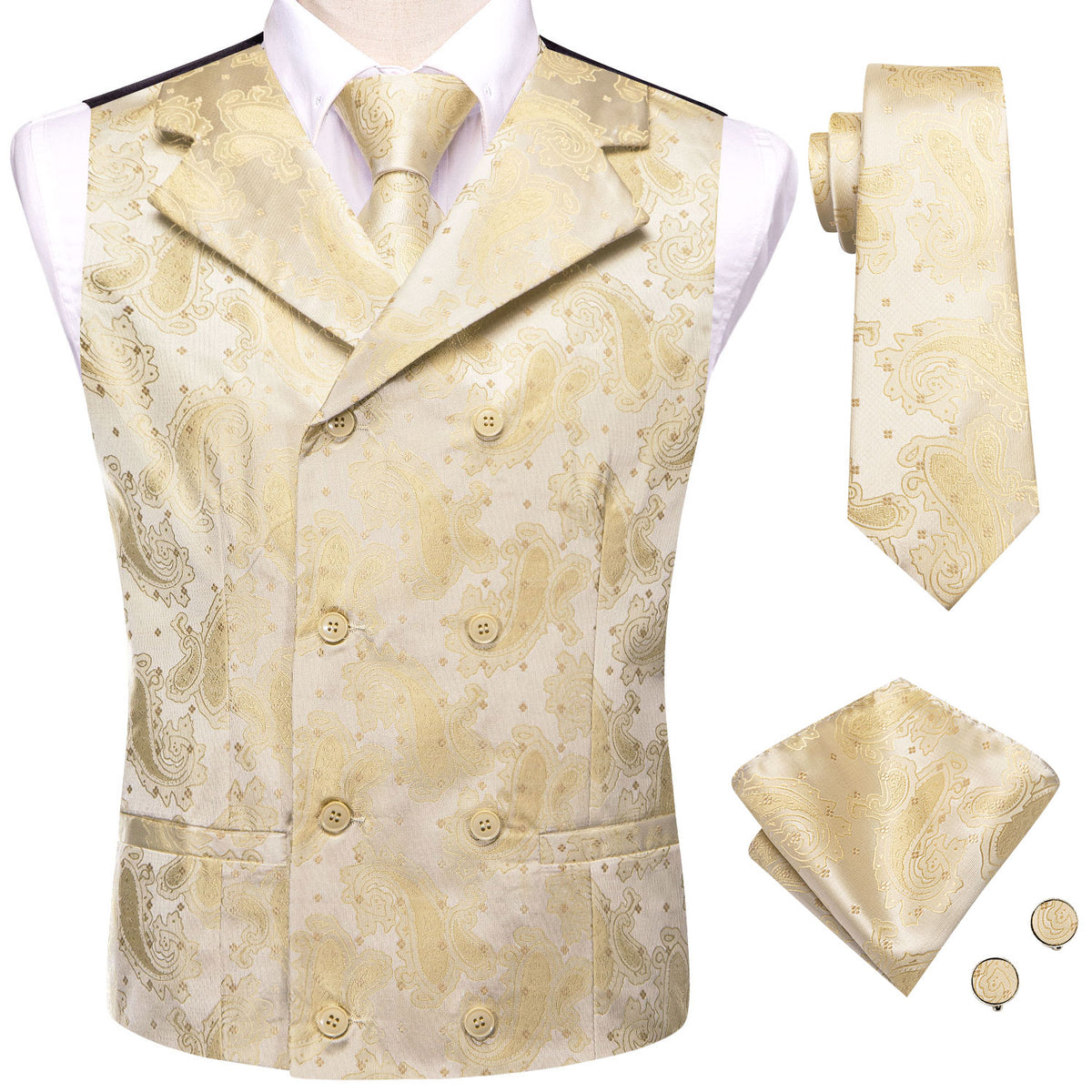 Pastel Gold Paisley Jacquard Vest Set Vest set    - Sophisticated Gentlemen