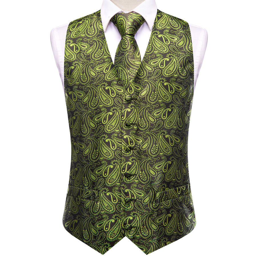 Pickle Green Paisley Jacquard Silk Vest Set vest set    - Sophisticated Gentlemen