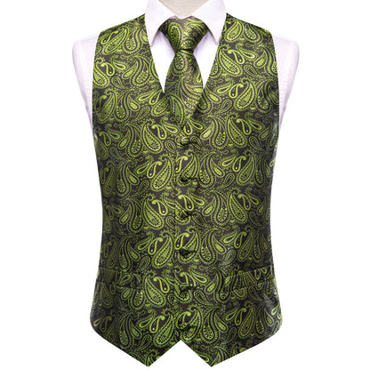 Pickle Green Paisley Jacquard Silk Vest Set vest set    - Sophisticated Gentlemen