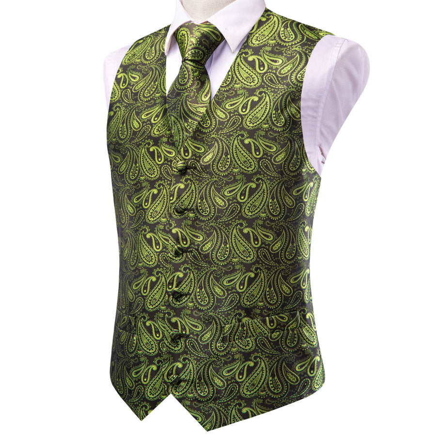 Pickle Green Paisley Jacquard Silk Vest Set vest set    - Sophisticated Gentlemen