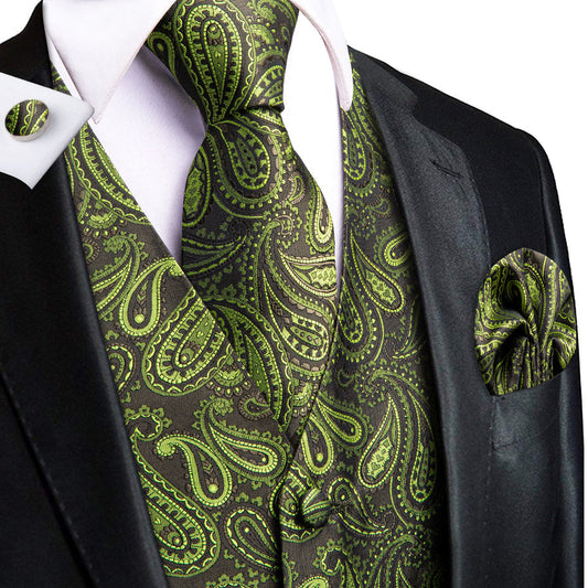 Pickle Green Paisley Jacquard Silk Vest Set vest set S (Chest 40")   - Sophisticated Gentlemen
