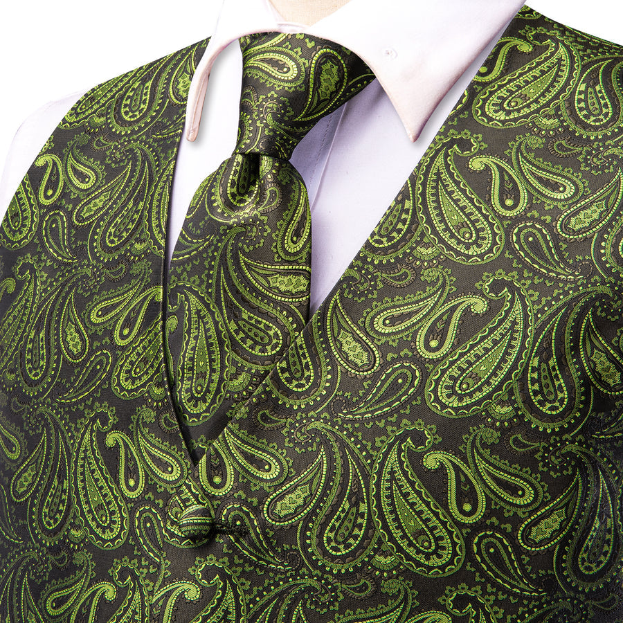 Pickle Green Paisley Jacquard Silk Vest Set vest set    - Sophisticated Gentlemen