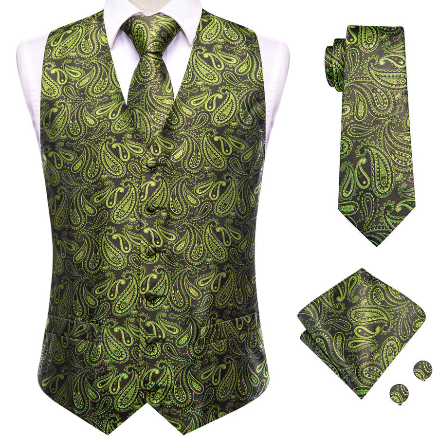 Pickle Green Paisley Jacquard Silk Vest Set vest set    - Sophisticated Gentlemen