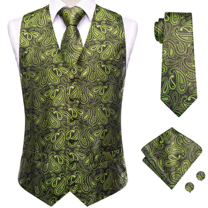 Pickle Green Paisley Jacquard Silk Vest Set vest set    - Sophisticated Gentlemen