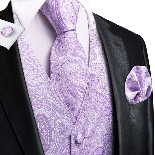 Plum Paisley Jacquard Silk Men's Vest Set vest set S (Chest 40")   - Sophisticated Gentlemen