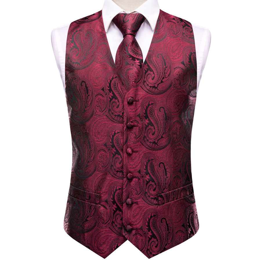 Jam Red Black Paisley Jacquard Silk Men's Vest Set vest set    - Sophisticated Gentlemen