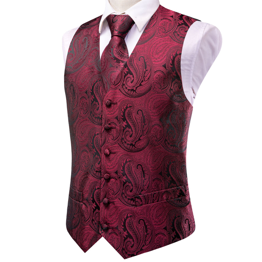 Jam Red Black Paisley Jacquard Silk Men's Vest Set vest set    - Sophisticated Gentlemen