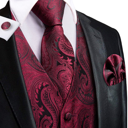 Jam Red Black Paisley Jacquard Silk Men's Vest Set vest set S (Chest 40")   - Sophisticated Gentlemen