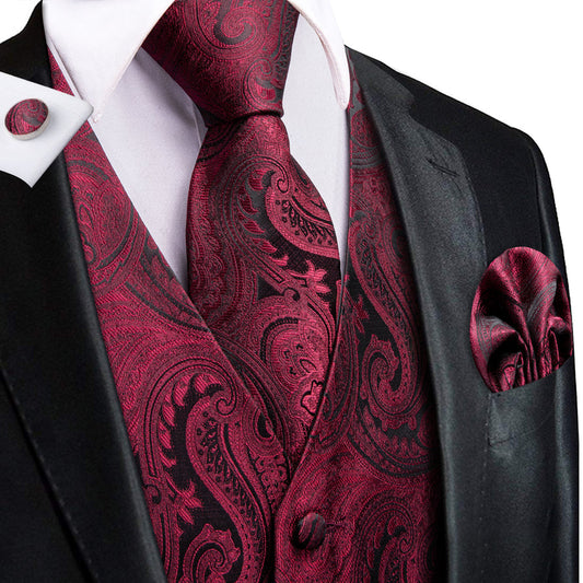 Jam Red Black Paisley Jacquard Silk Men's Vest Set vest set S (Chest 40")   - Sophisticated Gentlemen