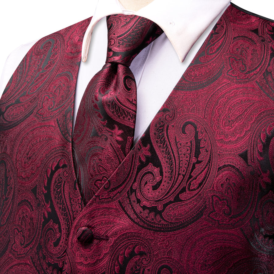 Jam Red Black Paisley Jacquard Silk Men's Vest Set vest set    - Sophisticated Gentlemen
