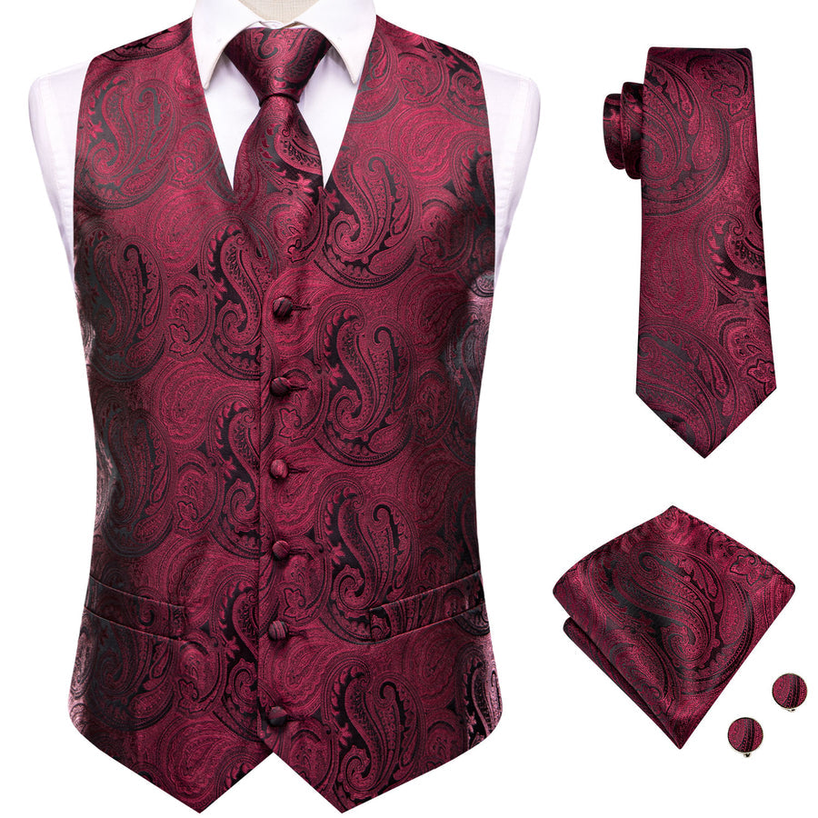 Jam Red Black Paisley Jacquard Silk Men's Vest Set vest set    - Sophisticated Gentlemen